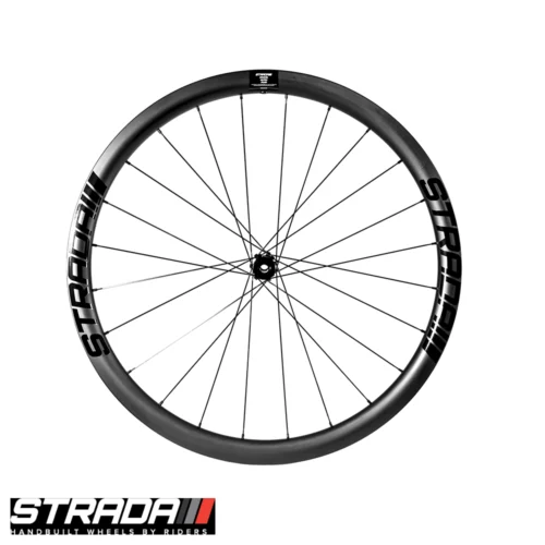 The Strada Gravel Ultra Plus 650b front bicycle wheel in black.