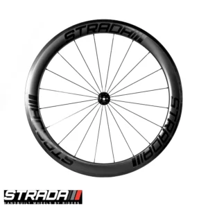 A Strada PAR Carbon 55 Ultra Performance Aero rim brake front bicycle wheel in Black with black spokes and hubs.