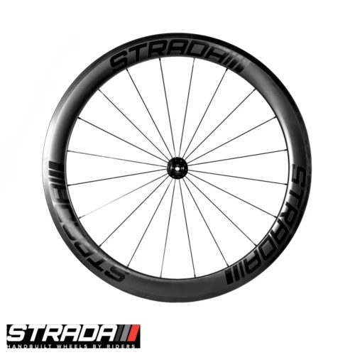 A Strada PAR Carbon 55 Ultra Performance Aero rim brake front bicycle wheel in Black with black spokes and hubs.