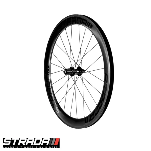 A Strada PAR Carbon 55 Ultra Performance Aero rim brake front bicycle wheel in Black with black spokes and hubs.