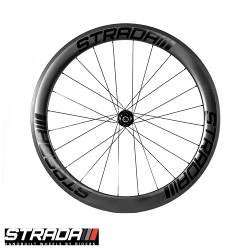 A Strada PAR Carbon 55 Ultra Performance Aero rim brake rear bicycle wheel in Black with black spokes and hubs.