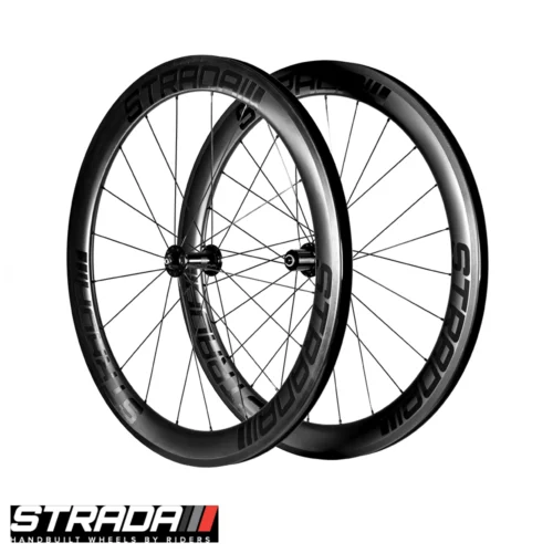 A Strada PAR Carbon 55 Ultra Performance Aero rim brake front and rear bicycle wheels in Black with black spokes and hubs.