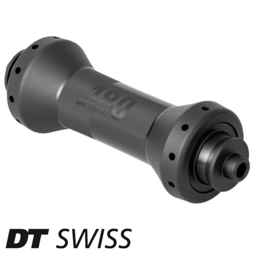 an image showing a matt black DT Swiss 180 QR straight pull bicycle front hub