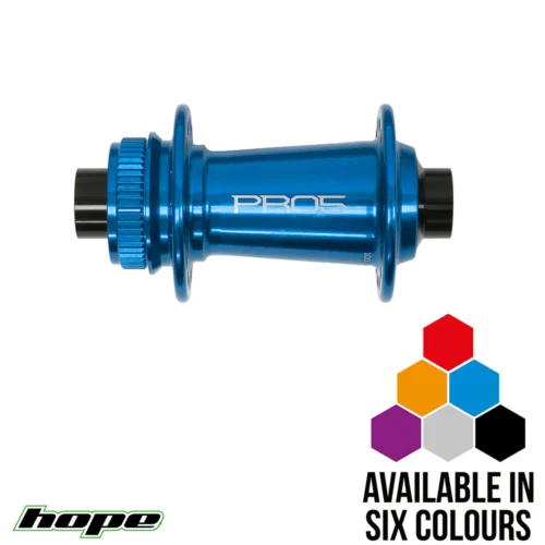 an image showing front Hope Pro 5 center lock bicycle hub in blue.