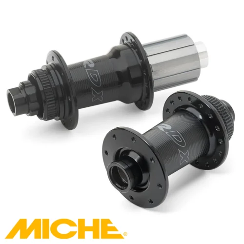 An Image showing a pair of Miche rdx center lock bicycle wheel hubs in black.