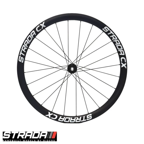 A Front Strada 38mm Cyclocross carbon tubular Bicycle wheel with a white Strada CX Logo