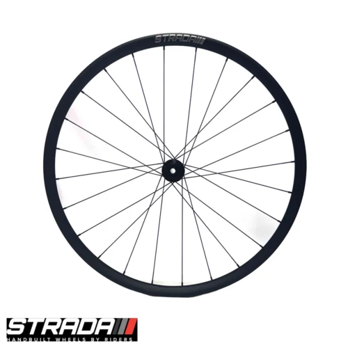 An Image showing a side view of a Strada Gravel Alloy Plus 650b front bicycle wheel in black.