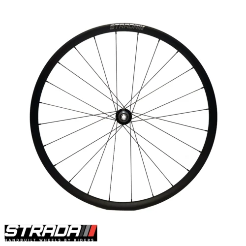 An Image showing a side view of a Strada Gravel Alloy Plus 650b rear bicycle wheel in black.