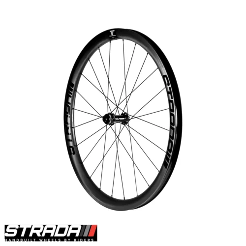 A front side view of a Strada Gravel Ultra Plus 650b front bicycle wheel in black.