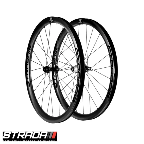 An Image showing a front side view of a pair of Strada Gravel Ultra Plus 650b bicycle wheels in black.