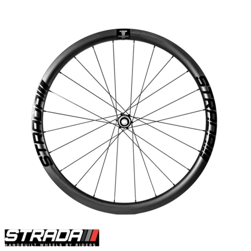 A side facing view of a Strada Gravel Ultra Plus 650b rear bicycle wheel in black.