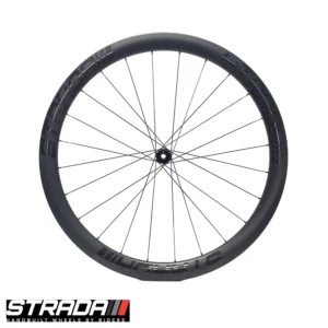 A Strada PAD Carbon 45 Ultra Performance Aero Disc front bicycle wheel in Black with black spokes and hubs.