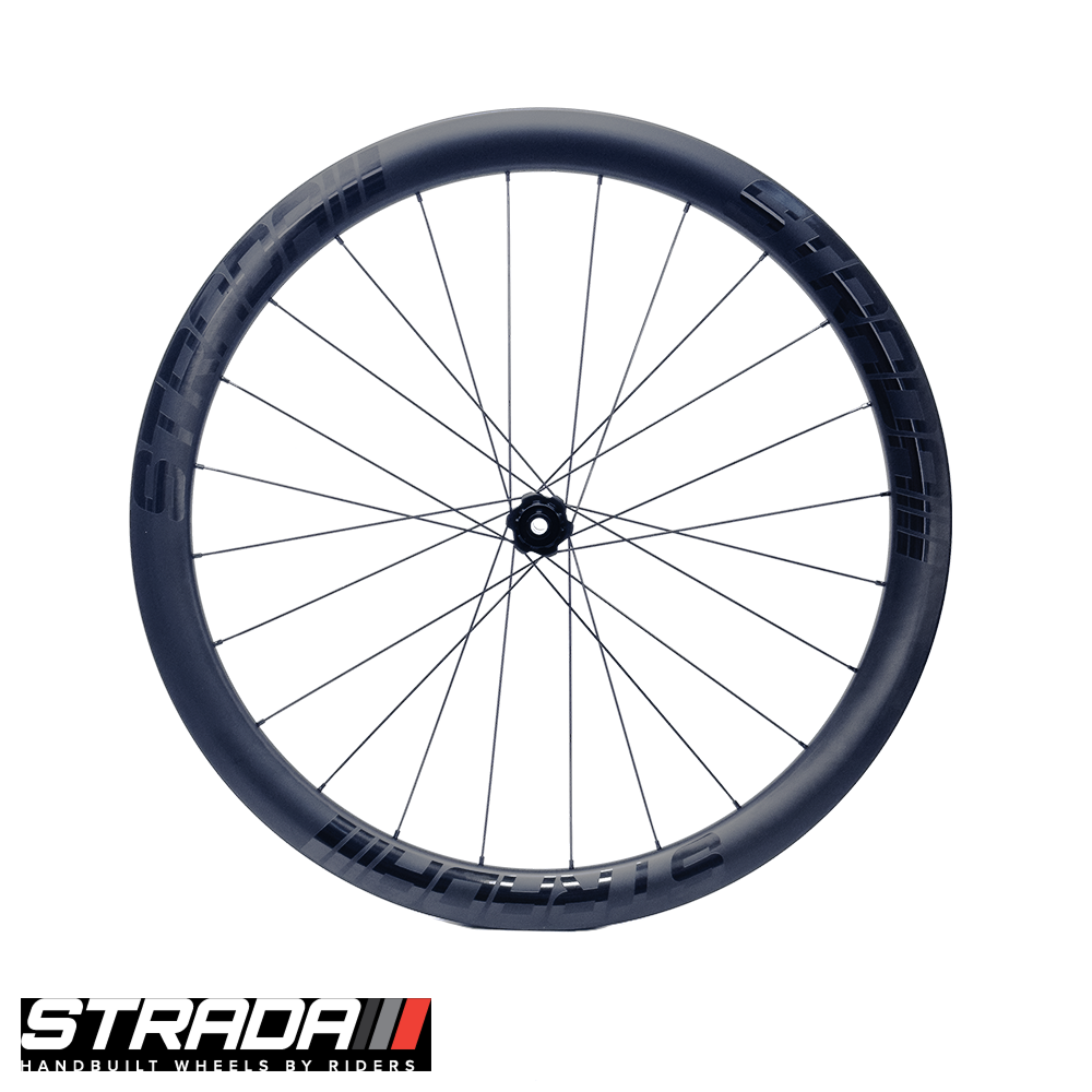 A Strada PAD Carbon 45 Ultra Performance Aero Disc rear bicycle wheel in Black with black spokes and hubs.