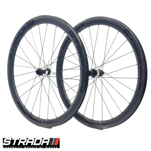 this image is of a pair of Strada PAD Carbon 45 Ultra Performance Aero Disc bicycle wheels in Black with black spokes and hubs.