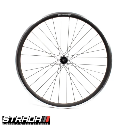 An image of a Strada Big Fella rim brake front road bicycle wheel in black fitted on a Miche Primato hub