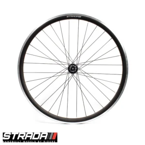 An image of a Strada Big Fella rim brake rear road bicycle wheel in black fitted on a Miche Primato hub