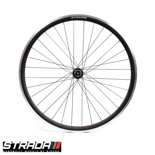 An image of a Strada Big Fella rim brake rear road bicycle wheel in black fitted on a Miche Primato hub