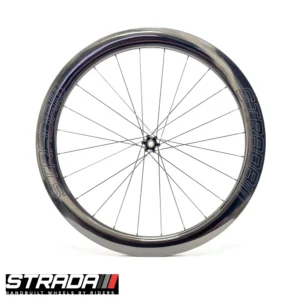 A picture showing a Strada Performance Aero Disc brake 55 Ultra Raw Gloss edition carbon front bicycle wheel.