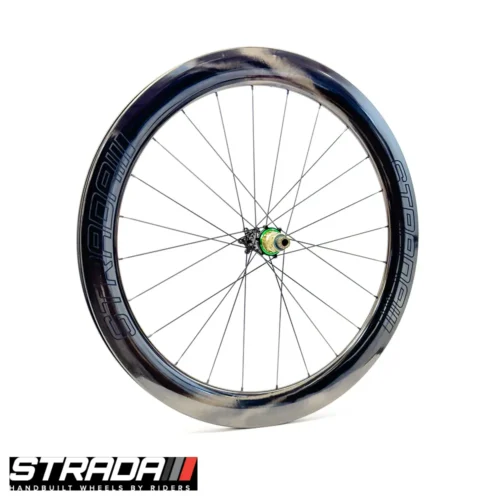 A picture showing a Strada Performance Aero Disc brake 60 Ultra Raw Gloss edition carbon rear bicycle wheel.