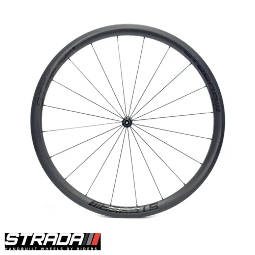 A picture showing a Strada Performance Aero Rim brake 35 Ultra carbon front bicycle wheel.