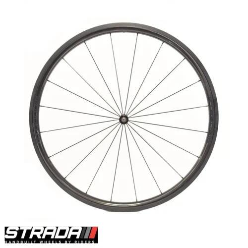 A picture showing a Strada Performance Aero Rim brake 30 Ultra carbon front bicycle wheel.