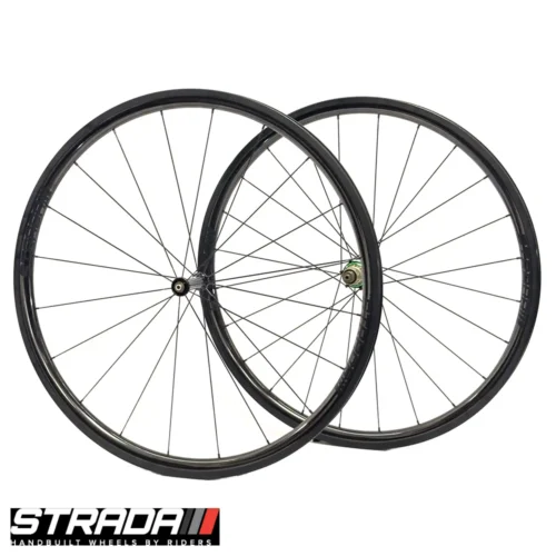 A picture showing a pair of Strada Performance Aero Rim brake carbon bicycle wheels.