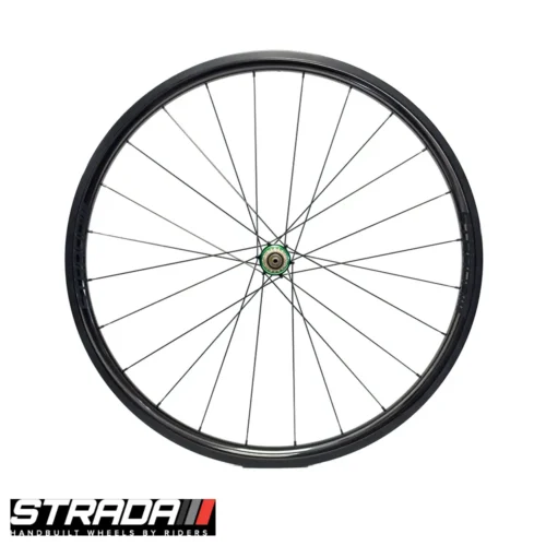 A picture showing a Strada Performance Aero Rim brake carbon rear bicycle wheel.