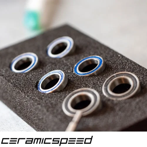 A picture showing 6 Ceramicspeed bearing kit in a black foam inlay.