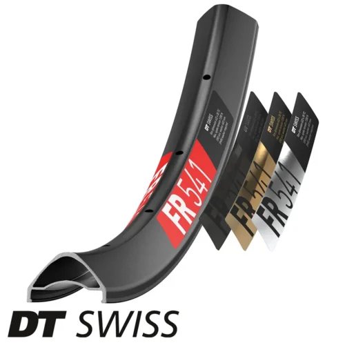 A picture showing a section of a DT Swiss FR 541 alluminium mountain bicycle rim and the 4 decal colour options of Red, Black, Gold and Chrome.