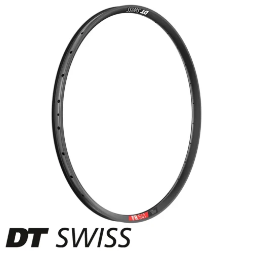 A picture showing a DT Swiss FR 541 aluminium mountain bicycle rim in black with red and white decals.