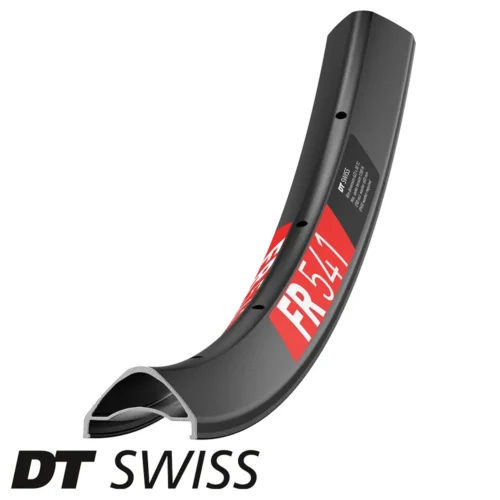 A picture showing a section of a DT Swiss FR 541 alluminium mountain bicycle rim with a red and white decal.