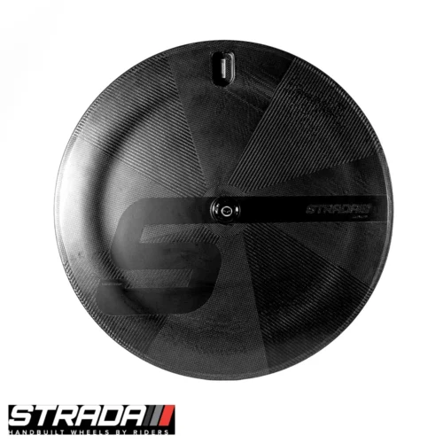 A picture showing a carbon Strada Ultra TT Disc Rim Brake rear wheel in a raw carbon finish with a black Strada S shape logo.