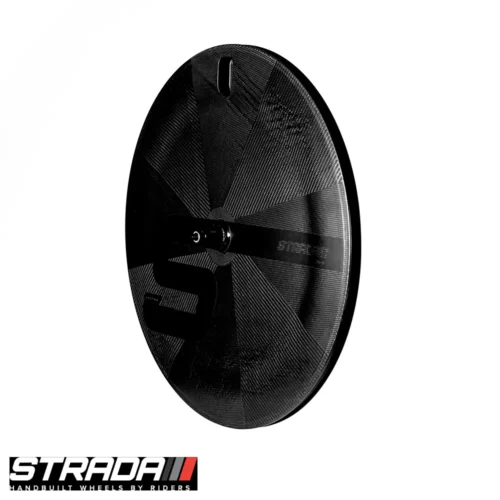 A picture showing the front side on profile of a carbon Strada Ultra TT Disc Rim Brake rear wheel in a raw carbon finish with a black Strada S shape logo.