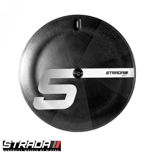 A picture showing a carbon Strada Ultra TT Disc Rim Brake rear wheel in a raw carbon finish with a White Strada S shape logo.