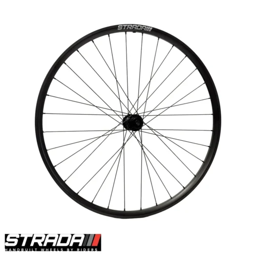 A picture showing a balck aluminium Strada Big Fella Gravel Disc front bicylce wheel with a white strada logo.