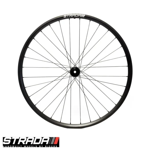 A picture showing a balck aluminium Strada Big Fella Gravel Disc front bicylce wheel with a white strada logo.