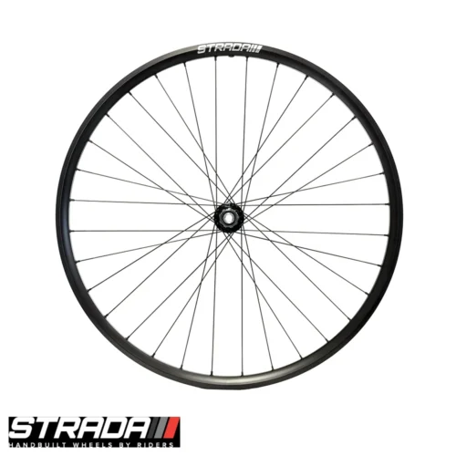 A picture showing a balck aluminium Strada Big Fella Gravel Disc rear bicylce wheel with a white strada logo.