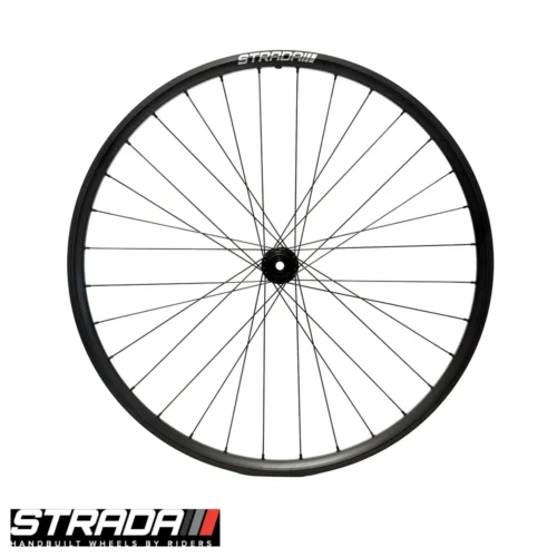 A picture showing a balck aluminium Strada Big Fella Gravel Disc front bicylce wheel with a white strada logo.