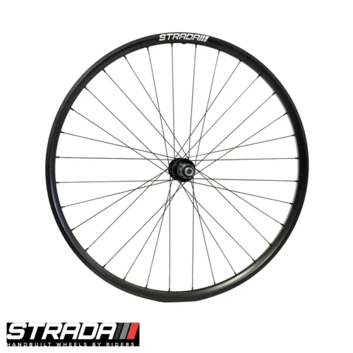 A picture showing a balck aluminium Strada Big Fella Gravel Disc rear bicylce wheel with a white strada logo.